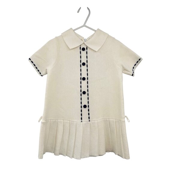 Knitis Simo Other - Vintage Knitis Simo Little Girls Knit Dress Size 4 Cream Blue Pleated Used